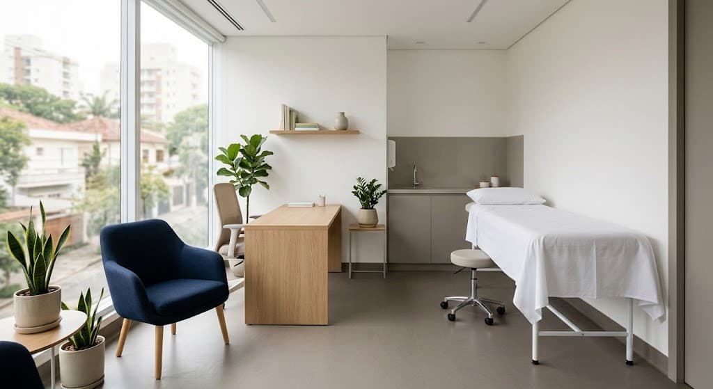 Consultório da unidade SIÓN Saúde, com mesa de atendimento, maca preparada e luz natural.