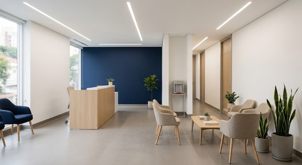 Recepção da unidade SIÓN Saúde, com parede azul da marca e sala de espera.